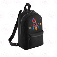 a black backpack with an image of a rocket ship on it