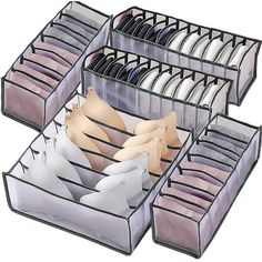 the drawers are organized with several pairs of shoes and bras in them for storage