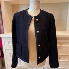 This Is Brand New Never Worn But The Tags Are Off. It’s Very Dark Almost Black But I Think Technically A Dark Navy Blue As It Looks In The Photo. It’s Lined And So Chic! Designer Black Tweed Jacket, Sandro Jacket, Mint Green Blazer, Black White Blazer, Green Blazer, Houndstooth Blazer, Denim Blazer, Cotton Blazer, Belted Jacket