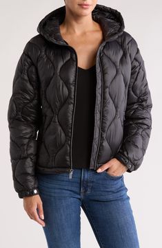 Stay warm in this water-resistant quilted puffer jacket featuring a cozy drawcord hood and secure zip pockets. 23 1/2" length (size Medium) Front zip closure Drawcord-toggle hood Adjustable snap cuffs Front zip pockets Nylon lining, with recycled polyester fill 100% nylon Dry clean or machine wash, tumble dry Imported Hooded Puffer Jacket With Zipper For Outdoor Activities, Hooded Puffer Jacket For Outdoor Activities, Long Sleeve Nylon Puffer Jacket With Zipper Closure, Nylon Puffer Jacket With Zipper Closure, Black Quilted Hooded Puffer Jacket, Black Hooded Insulated Puffer Jacket, Black Quilted Hooded Outerwear, Black Quilted Hooded Jacket For Winter, Black Quilted Jacket With Zipper For Winter