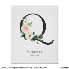 the letter q with flowers and leaves on it is shown in black font, which reads queenie est 90x