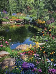 a pond surrounded by lots of colorful flowers and rocks in the middle of a forest