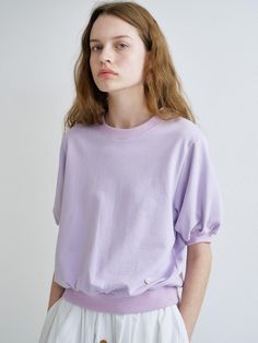 This is a trendy and feminine sweatshirt by ANEDIT that is made out of high quality and sturdy material. With distinctive mood of the design and modern feminine look, you can style it for your comfortable daily outfit.- Feminine mood and soft touch- Short sleeves with puff detail- Ribbed neckline, cuffs, and hem Modern Cotton Sweatshirt For Spring, Oversized Lavender Cotton Top, Purple Trendy Sweatshirt With Relaxed Fit, Trendy Purple Sweatshirt With Ribbed Cuffs, Trendy Purple Sweatshirt With Relaxed Fit, Trendy Purple Sweatshirt In Relaxed Fit, Lavender Cotton Crew Neck Sweatshirt, Modern Cotton Sweatshirt For Loungewear, Lavender Cotton Sweatshirt For Loungewear