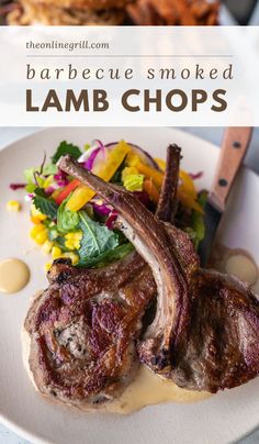 grilled lamb chops on a white plate with salad