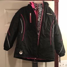 Zeroxposur Size L (14) Brand New With Tags 3 In 1 Snow Jacket-Black White And Pink-Interior Is Zebra Print. Never Worn Insulated Black Sports Outerwear, Black Skiing Outerwear With Pockets, Casual Black Skiing Outerwear, Black Long Sleeve Outerwear For Skiing, Pink Interior, Snow Jacket, Kids Jacket, Zebra Print, Checks