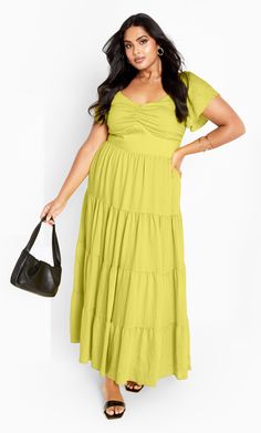 Ariella Flutter Sleeves Tier Maxi Dress - lush lime Miami Nights, Plus Size Summer Dresses, V Dress, Style Goals, Tie Dye Maxi Dresses, Plus Size Maxi, Date Night Dresses, Tiered Maxi Dress, Draped Dress