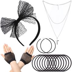 PRICES MAY VARY. 【Packing list】 This package included 1 piece of lace headband, 1 pair of earrings, 1 pair of fingerless fishnet gloves, 10pcs of black bracelets, 1pcs of metal necklace, can meet your demand for usage and dressing of 80s accessories for women 【High quality】 The fishnet gloves are made of nylon, the headband is covered with lace, necklace and inner layer of earrings are made of metal, bracelet is made of silicone. All 80s accessories are suitable for most women to wear, lightweig 80s Neon Party, 80s Costumes, 80s Accessories, Recital Dress, 80s Fancy Dress, Black 80s, Gloves Lace, Fishnet Gloves, 80s Neon