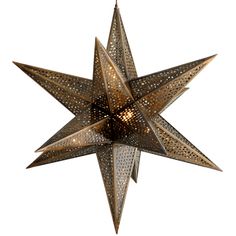 a decorative star hanging from the ceiling with lights on it's sides and an intricate design