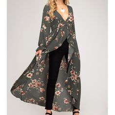 Floral Print Maxi Cardigan With 2 Eye Hook Closer In Front Color: Slate 97%Polyester 3%Spandex Measurements Are Laying Flat And Are Approximations Small: Chest-17.5", Waist-15", Length-54" Medium: Chest-18.5", Waist-16", Length-55" Large: Chest-19.5", Waist-17", Length-56" Any Questions Please Ask. Fall Floral Print Open Front Tops, Chic Long Sleeve Cardigan With Floral Print, Long Tops For Fall Day Out, Long Floral Print Cardigan For Fall, Fall V-neck Cardigan For Brunch, V-neck Cardigan For Brunch In Fall, Fitted Cardigan For Brunch In Fall, Pretty Cardigans, Woven Cardigan