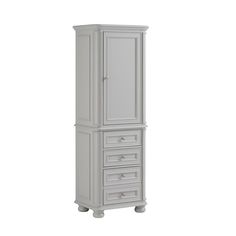 a tall white cabinet with drawers on top