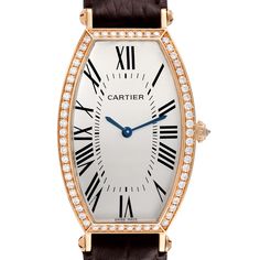 Cartier Tonneau Rose Gold Silver Dial Diamond Ladies Watch 2849. Manual winding movement. 18K rose gold tonneau case 46.6 mm x 26.5 mm. Circular grained crown set with an original Cartier factory diamond. 18K rose gold bezel set with original Cartier factory diamonds. Scratch resistant sapphire crystal. Silver dial with black Roman numerals. Sword shaped blued steel hands. Brown leather strap with 18K rose gold deployant buckle. Luxury Oval Watches With Diamond Hour Markers, Oval White Gold Watches With Diamond Hour Markers, Oval Watches With Diamond Hour Markers For Anniversary, Formal Oval Diamond Watch With Diamond Hour Markers, Rose Gold Diamond Watch With Rectangular Dial For Anniversary, Rose Gold Diamond Watch For Anniversary With Rectangular Dial, Classic Oval Diamond Watch For Formal Occasions, Classic Rose Gold Diamond Watch, Classic Rose Gold Diamond Watch For Evening