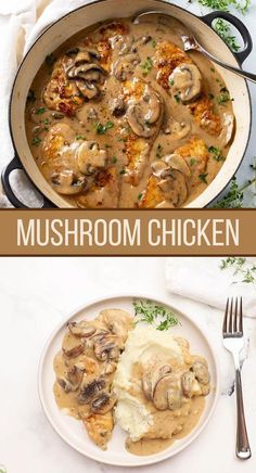 mushroom chicken with gravy and mashed potatoes in a skillet on a white table