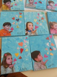 several pictures of children with hearts and words on them are shown in the bottom row