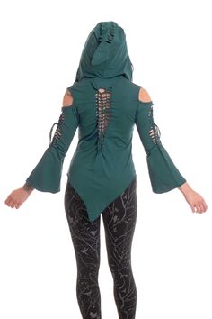 "A fab pixie top made with stretch cotton, with a cute pixie hood. Features braided back and cute, pointy pixie sleeves, which have an open shoulder. A comfy to wear, original and unusual top great for festivals and parties.   SIZES  SMALL: Bust = 32-34\" (81-86 cm) Waist = 30-32\" (76-81 cm) Length = 28\" (71 cm) MEDIUM: Bust = 34-36\" (86-91.5 cm) Waist = 32-34\" (81-86 cm) Length = 29\" (73.5 cm) LARGE: Bust = 36-38\" (91.5-96.5 cm) Waist = 34-36\" (86-91.5 cm) Length = 30\" (76 cm) XL: Bust Fitted Fairy Grunge Green Top, Fitted Green Top In Fairy Grunge Style, Gothic Stretch Cotton Tops, Long Sleeve Cotton Top For Cosplay, Fairy Grunge Cotton Tops For Fall, Fall Fairy Grunge Cotton Tops, Gothic Cotton Tops For Spring, Gothic Cotton Tops For Fall, Cotton Gothic Tops For Fall