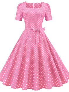 Women's A Line Dress Midi Dress Blue Black Pink Red Yellow Short Sleeve Polka Dot Print Summer Square Neck Vintage 2022 S M L XL XXL 8719676 2022 – $22.31 Bowknot Dress, Vintage Polka Dot Dress, Robes Vintage, Dot Print Dress, Square Neck Dress, Retro Mode, Check Dress, Vestidos Vintage, Vestido Casual