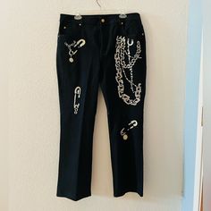 One Of A Kind Designer Jeans With Beautiful Embroidery On Legs Featuring Safety Pins And Chains. New Without Tags. This Silver And Gold Embroidery Is Amazing. Pics Don’t Do It Justice. Women’s Size 16. Purchased In France. You Won’t See Another Pair Of These Royals Around. Safety Pins, Amazing Pics, Gold Embroidery, Designer Jeans, Beautiful Embroidery, Safety Pin, Colored Jeans, Royals, Size 16