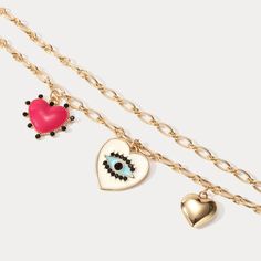 Feel the love with our Evil Eye Heart Bracelet. Crafted with a singular focus, this bracelet offers an exquisitely-crafted representation of protection and love, alluringly adorned with a delightful heart bearing an eye at its center. Ensuring that the wearer is blessed by the all-seeing eye of affection, this luxurious piece is sure to captivate and enchant. Detail Plating: 18K Gold Materials: 18K Gold on Alloy Size:  Length:6.69 "(17cm)+Extender: 2.17"(5.5cm ) Weight: 17.9g Heart Charm Bangle Jewelry For Gifts, Heart Charm Bangle Jewelry Gift, Symbolic Jewelry For Promise On Valentine's Day, Symbolic Promise Jewelry For Valentine's Day, Gold Heart Bracelet With Heart Charm For Promise, Gold Promise Bracelets With Heart Charm, Gold Promise Bracelet With Heart Charm, Symbolic Heart-shaped Jewelry With Charms, Symbolic Heart-shaped Charms Jewelry