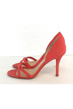 Size 7 Coral Snakeskin Strappy Heels Padded insole Some outsole/insole wear Criss cross straps Heel height 3.5" Spring Cross Strap Heels, Formal Cross Strap Heels With 4-inch Heel, Formal Cross Strap Synthetic Heels, Fitted Heel Strap Cross Strap Sandals, Fitted Sandals With Heel And Cross Strap, Elegant Cross Strap Heels With Removable Insole, Elegant Heels With Cross Strap And Removable Insole, Summer Fitted Cross Strap Heels, Fitted Cross Strap Summer Heels