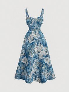 Blue Oil Painting Brocade Jacquard Fabric Vintage Romantic Women's Camisole Dress, Autumn Winter Dress, Dress Set Accessories Renaissance Dress Blue Boho  Sleeveless Woven Fabric Floral,Plants,All Over Print Cami Non-Stretch  Women Clothing, size features are:Bust: ,Length: ,Sleeve Length: Long Spaghetti Strap Dress, Romantic Woman, Womens Camisoles, Camisole Dress, Printed Sleeveless Top, Elegant Dresses Long, Women Midi, Matching Dresses, Womens Midi Dresses