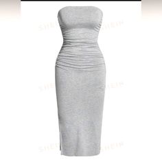 Small Grey Tube Dress From Shein Never Worn Extremely Soft Cheap Gray Knee-length Mini Dress, Gray Midi Bodycon Dress For Summer, Gray Midi-length Bodycon Dress For Summer, Gray Stretch Midi Dress For Summer, Grey Short Dress, Dress From Shein, Drop Shoulder Dress, Tube Midi Dress, Short Sundress