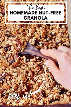 homemade nut - free granola in a pan with a wooden spoon and hand holding it