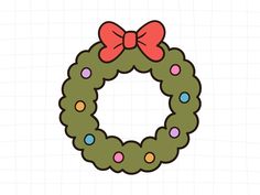 a green wreath with a red bow on the top and dots around it, sitting in front of a white background