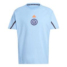 The adidas Sky Blue New York City FC 2024 Travel Raglan T-Shirt is the perfect way to show your support for the New York City FC. With heat-sealed stripes on the sleeves and embroidered fabric applique, this shirt is sure to turn heads. The raglan sleeves and crew neck provide a comfortable fit, while the cotton and spandex material is soft and breathable. Whether you're cheering on the New York City FC from the stands or relaxing at home, this shirt is a must-have for any fan. Screen print grap Blue Athleisure T-shirt With Three Stripes Branding, Blue Adidas T-shirt With Logo, Blue Sports Tops With Three Stripes Branding, Blue Adidas Sportswear Top With Logo, Blue Sports Top With Three Stripes Branding, Blue Adidas Sportswear Top, Blue Adidas Athleisure Top, Blue Sportswear Top With Three Stripes Branding, Blue Sportswear Top With Three Stripes