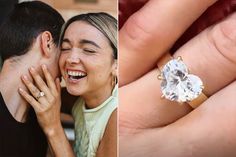 a man and woman are smiling while holding their engagement rings