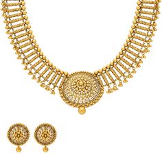 The ladylike structure of this 22k gold antique jewelry sets makes this necklace and earring combination the perfect accompaniment for bridal gowns and traditional Indian dress. The lush beading and cultural design of this gold necklace and matching earrings is one that any woman would love to adorn herself with. Features • 22k yellow gold • Antique finish • Beaded details As a leading gold Indian jewelry store in the USA, we are proud to offer a wide selection of beautiful Indian gold jewelry, Luxury Traditional Yellow Gold Beaded Necklaces, Indian Gold Beads Jewelry, Cheap Traditional Yellow Necklaces, Luxury Yellow Gold Traditional Beaded Necklace, Luxury Yellow Gold Necklaces For Navratri, Cultural Design, Traditional Indian Dress, Gold Bead Necklace, Indian Dress