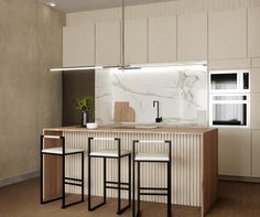 a modern kitchen with marble counter tops and bar stools