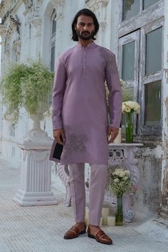 Purple full sleeves kurta with blossom thread and beaded embroidery. Paired with a trouser. - Aza Fashions Formal Unstitched Kurta With Embroidered Sleeves, Elegant Sherwani With Embroidered Sleeves For Eid, Elegant Eid Sherwani With Embroidered Sleeves, Fitted Sets With Embroidered Sleeves For Diwali, Long Sleeve Salwar Kameez With Floral Embroidery For Reception, Unstitched Traditional Wear With Embroidered Sleeves For Wedding, Long Sleeve Sherwani With Floral Embroidery For Reception, Reception Sherwani With Floral Embroidery And Long Sleeves, Festive Sherwani With Embroidered Sleeves For Wedding