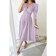 Season:Fall; Fabric:Polyester; Sleeve Length:3/4 Length Sleeve; Look After Me:Machine wash; Gender:Women's; Style:Classic,Elegant Dress; Elasticity:Micro-elastic; Occasion:Date,Tea Party,Wedding Guest; Details:Without Lining; Fit Type:Regular Fit; Dresses Type:Semi Formal Dress,Sheath Dress; Pattern:Solid Color; Design:High Waist; Neckline:V Neck; Sleeve Type:Puff Sleeve; Front page:FF; Listing Date:08/04/2024; Production mode:External procurement; Bust:; Length:; Sleeve:; Waist:; Dress Length T Summer Dresses With 3/4 Sleeves In Solid Color, Solid Color Summer Dresses With 3/4 Sleeves, Solid Color Half Sleeve Formal Dress, Solid Color Half Sleeve Evening Dress, Evening Dress With Half Sleeves, Solid Color Half Sleeve Party Dress, Spring Solid Color Half Sleeve Midi Dress, Solid Half Sleeve Midi Dress For Spring, Spring Dinner Fitted V-neck Dress