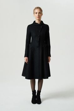 vintage black knee length wool coat 1973 – xiaolizi Black Knees, Flowing Skirt, Vintage Coat, Pan Collar, Peter Pan Collar, Black Coat, Wool Coat, Peter Pan, The Vintage