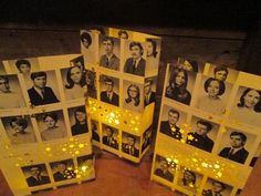 several pictures are placed on top of each other with lights in the shape of frames