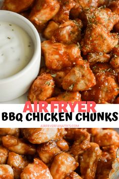 chicken wings with ranch sauce on top and the words air fryer bbq chicken chunks above