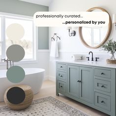 a bathroom with an oval mirror above the bathtub and rug on the floor next to it