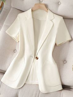 Asymmetrical Pocket Single-Breasted Lapel Short Sleeve Blazer Jacket, Summer Beige   Short Sleeve Woven Fabric Plain Regular Slight Stretch  Women Clothing, size features are:Bust: ,Length: ,Sleeve Length: Bow Shorts, Lightweight Blazer, Slim Fit Top, Elegant Dresses Long, Collar Designs, Kids Beachwear, Pajamas Women, Denim Women, Suits For Women