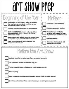 an art show prep sheet with the words, beginning of the year and middle school