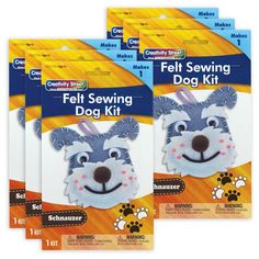 three pack of self sewing dog kits for kids, including one with an animal's face on it