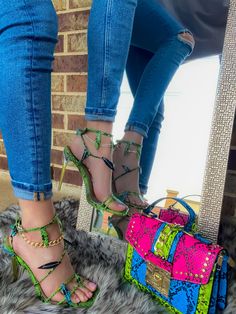 These adorable statement heels are sure to make any outfit pop. Approximately a 4 inch heel. Multi Colored Heels, Statement Heels, Shoe Making, Bantu Knots, Kawaii Shoes, Heels Outfits, Swag Shoes, Streetwear Fashion Women, 4 Inch Heels