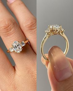 two different views of an engagement ring, one with three stones and the other without