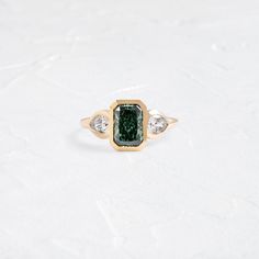 |14k Yellow Gold Green Diamond Rings, Melanie Casey, Velvet Ring Box, Pear Cut Diamond, Twisted Band, Band Jewelry, Green Diamond, Radiant Cut, Sapphire Engagement