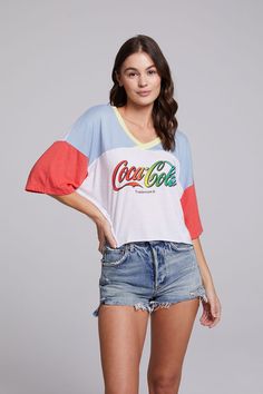 Coca-Cola Rainbow Logo Levi Tee WOMENS chaserbrand Summertime Aesthetic, Rainbow Logo, Leopard Blouse, Men Fits, Red White And Blue, Blue Fabric, Coca Cola, Yellow White, Jean Shorts