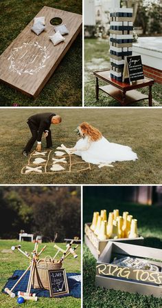 various pictures of wedding games in the grass