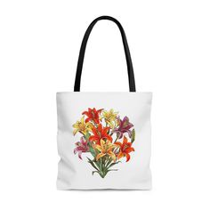 A Tote Bag with a lovely artistic rendering of summer Lily. This practical, high-quality Tote Bag is available in three sizes. Made from reliable materials, lasting for seasons.  .: 100% Polyester. .: Boxed corners .: Black inner stitching, transparent thread on hems. .: Black cotton handles .: With non-woven laminate inside Artistic White Bag For Summer, Multicolor Floral Print Bag For Gift, Gift Multicolor Floral Print Shoulder Bag, White Floral Print Bags As Gifts, Artistic White Shoulder Bag As Gift, Artistic White Shoulder Bag Gift, Artistic White Shoulder Bag For Gift, Artistic Summer Shoulder Bag As Gift, Artistic Summer Shoulder Bag For Gifts