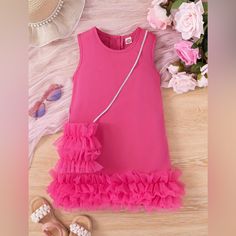 Girls' Sleeveless Round Neck Casual Dress With Tulle Hem And Matching Purse, Knee-Length Fashion Outfit For Summer Outings Sleeveless Princess Dress For Summer Dress-up, Cute Sleeveless Princess Dress For Summer, Sleeveless Pink Princess Dress For Summer, Summer Sleeveless Ruffled Princess Dress, Cute Pink Sleeveless Tutu Dress, Pink Sleeveless Tutu Dress For Spring, Sleeveless Ruffled Dress For Dress-up, Outfit For Summer, Dress With Tulle