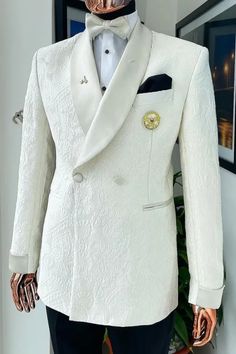 Bob Bespoke White Shawl Lapel Double Breasted Jacquard Wedding Suits White Shawl, Suits Men Business, White Tuxedo, Sequin Evening Dresses, Prom Suits, Tuxedo Wedding, Fashion Suits For Men, Tuxedo For Men, Hrithik Roshan