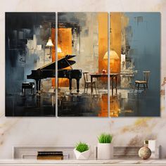 three pieces of art depicting a piano and dining room table with chairs in the background