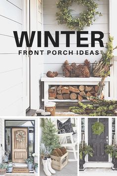 the front porch is decorated with pine cones, evergreens and other winter decor items