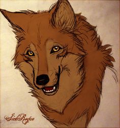 a drawing of a wolf with yellow eyes